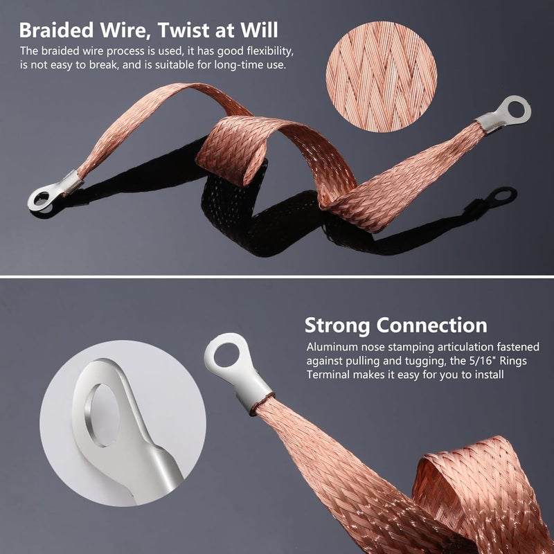 Jeyoon 6Pcs Universal Automotive Ground Strap,12" x 1/2" Professional Vehicle Grounding Strap Cable, Braided Tinned Copper Engine Ground Strap Kit Ground Cable Wire with 5/16" Rings Terminal for Most Cars - Image 5